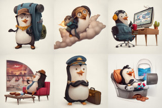 旅行公司的企鹅飞行吉祥物插画