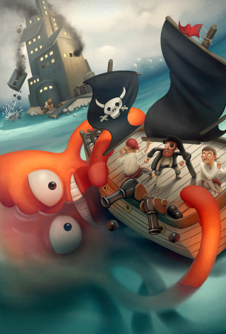 diseño de personajes barco pirata y pulpo