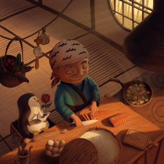 老婦人が料理をするアニメデザイン
