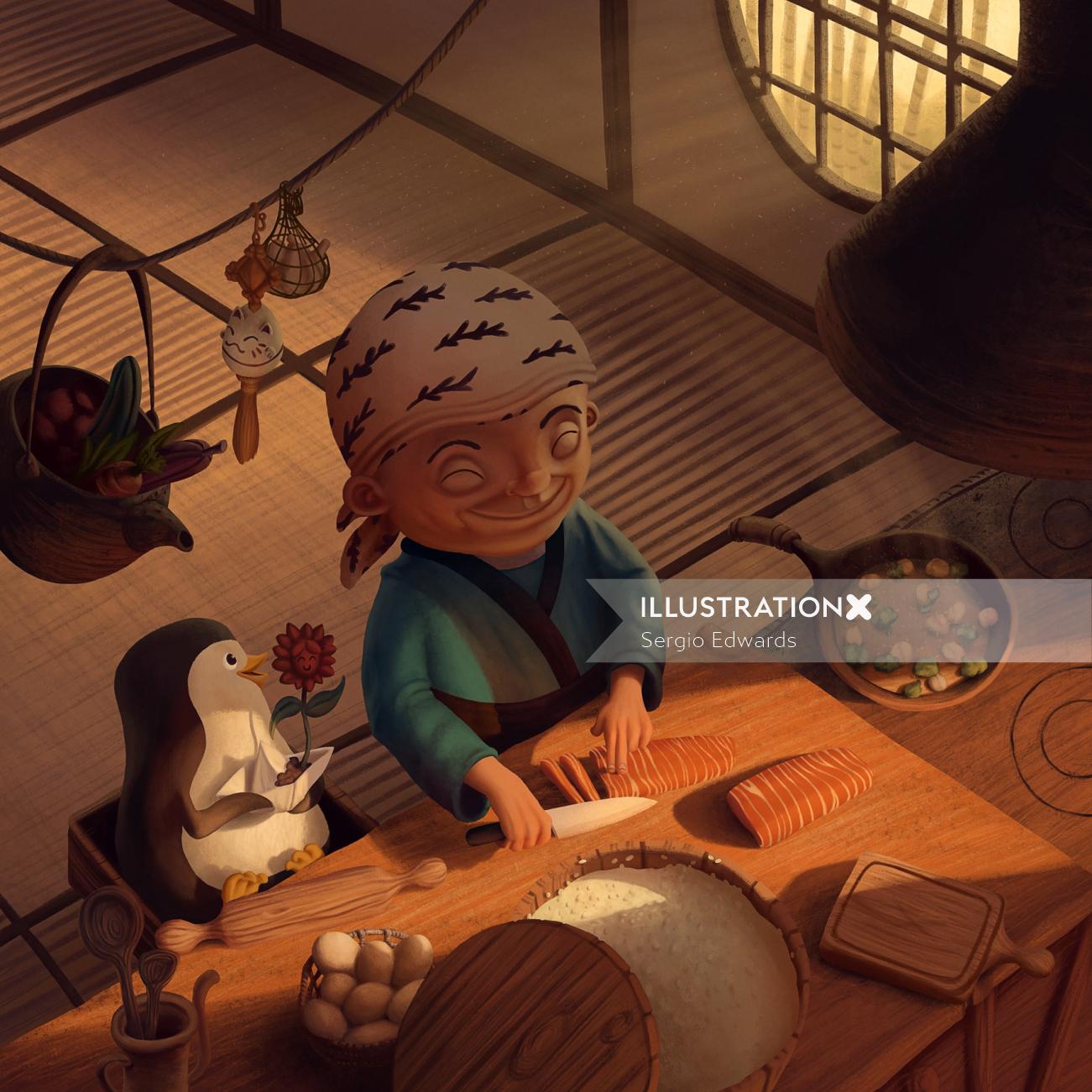 An old woman cooking animated cartoon design
