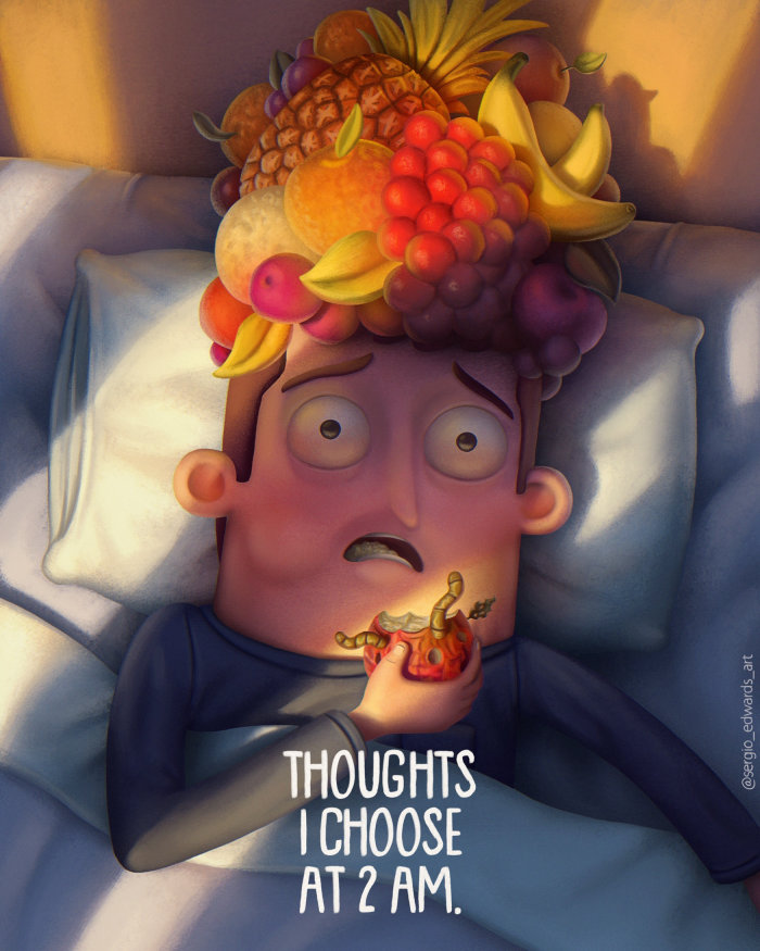 Man thoughts filled with fruits