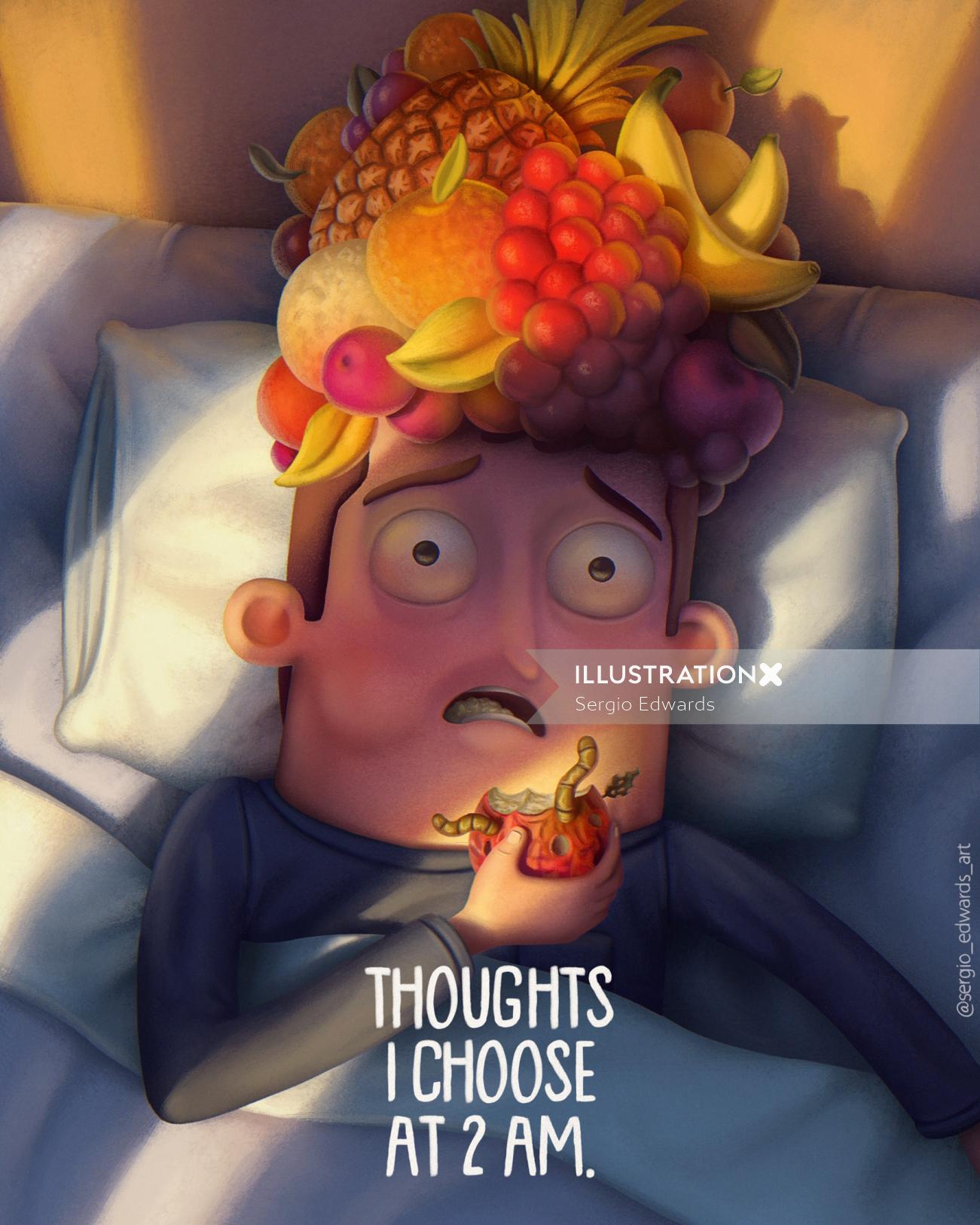 Man thoughts filled with fruits
