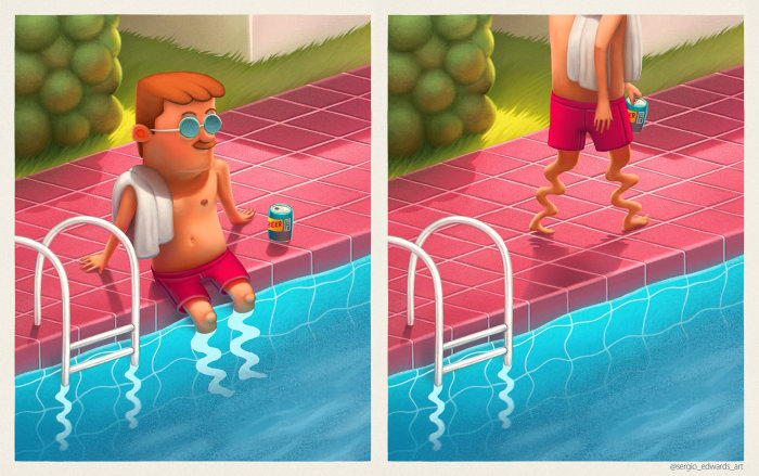 Homem de desenho animado relaxando na piscina