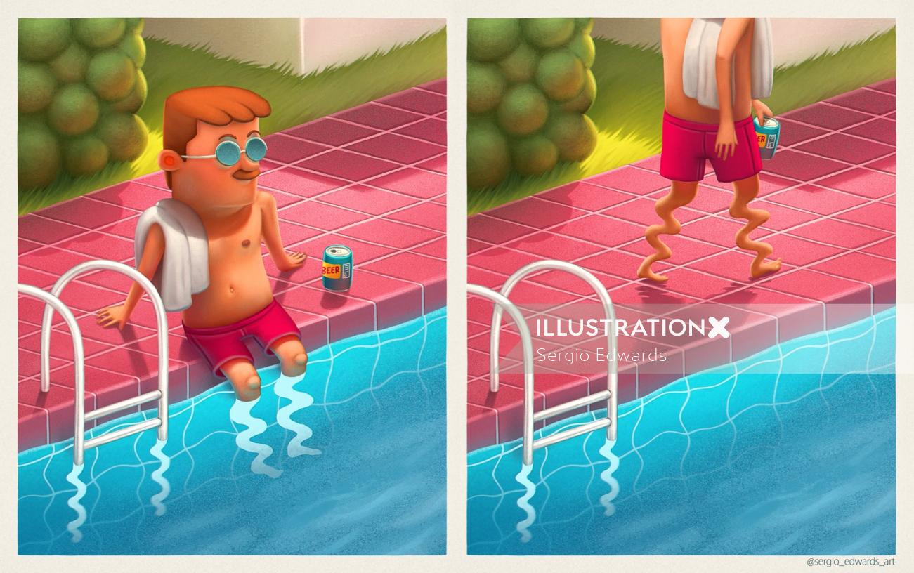 Cartoon man relaxing at swimming pool