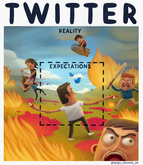 Ilustração humorística sobre a realidade e as expectativas do Twitter