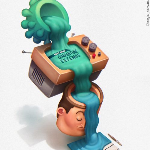 Corona Virus advertising illustration on Television by Sergio Edwards