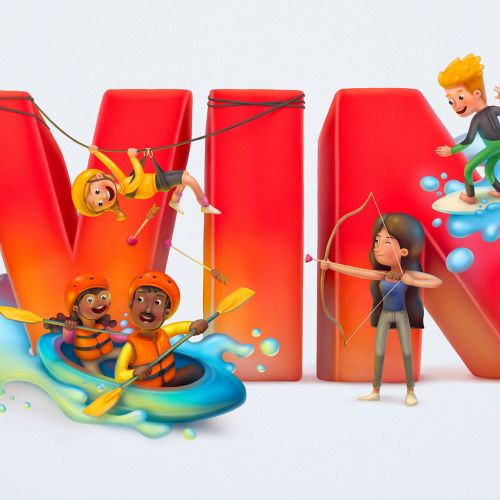 3D colorful characters playing near large red letters forming WIN by Sergio Edwards