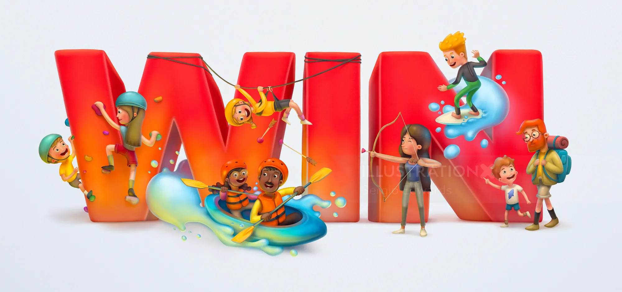 3D colorful characters playing near large red letters forming WIN by Sergio Edwards