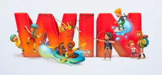 3D colorful characters playing near large red letters forming WIN by Sergio Edwards