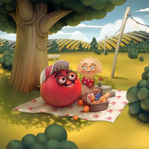 Two tomato characters picnic under a tree in a vineyard