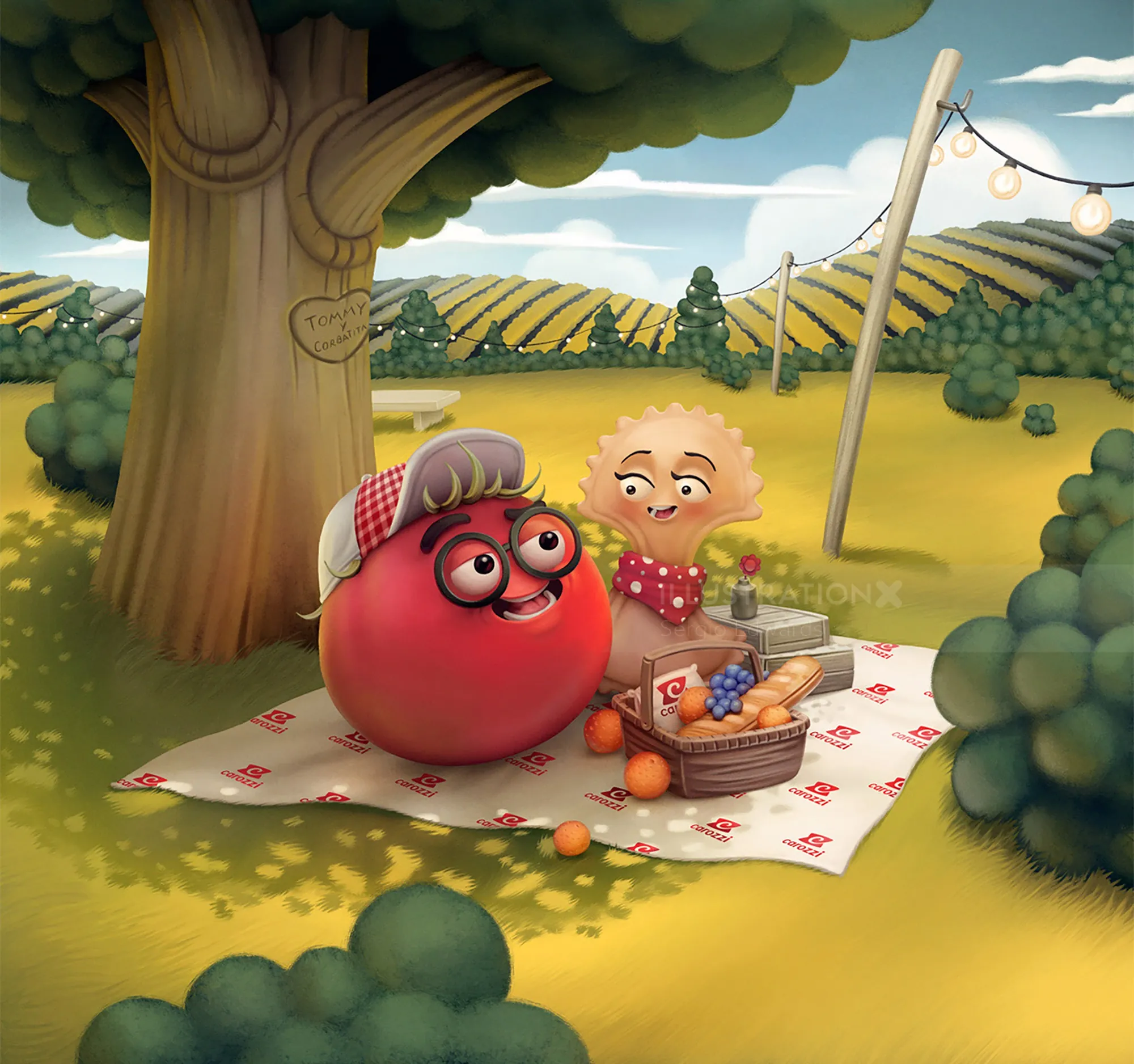 Two tomato characters picnic under a tree in a vineyard