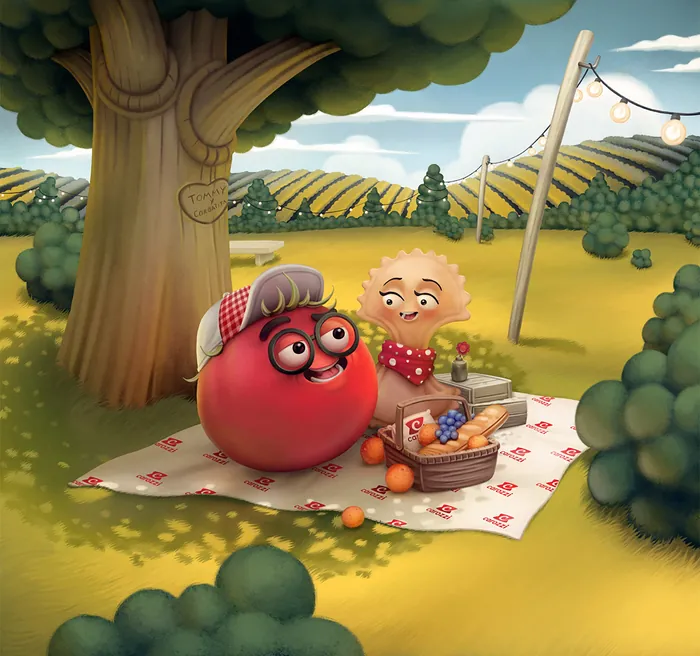 Two tomato characters picnic under a tree in a vineyard