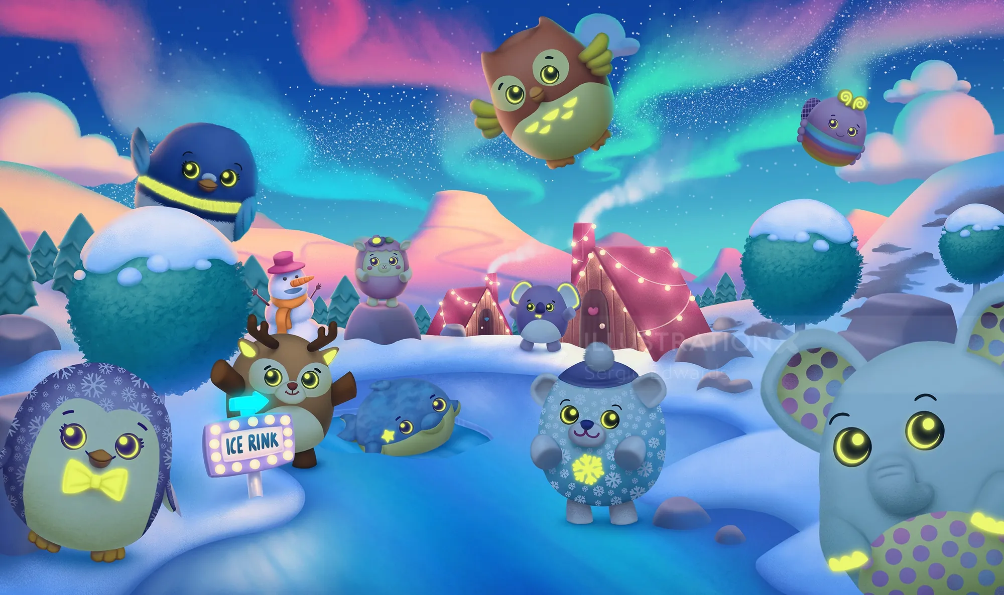 Cartoon animals playing in a snowy winter landscape at night