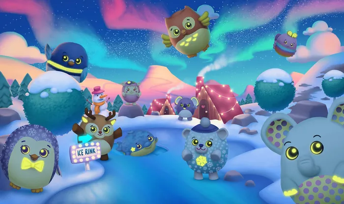 Cartoon animals playing in a snowy winter landscape at night