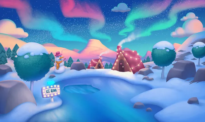Snowy landscape with northern lights, teepee, trees, and ice rink