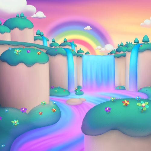 Fantasy landscape with waterfalls, rainbow, and colorful hills