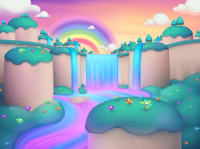 Fantasy landscape with waterfalls, rainbow, and colorful hills