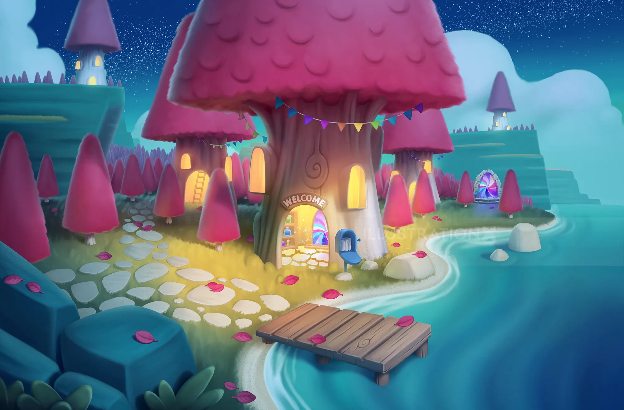 Mushroom-shaped house with lights by water under a starry night sky