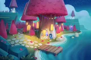 Mushroom-shaped house with lights by water under a starry night sky