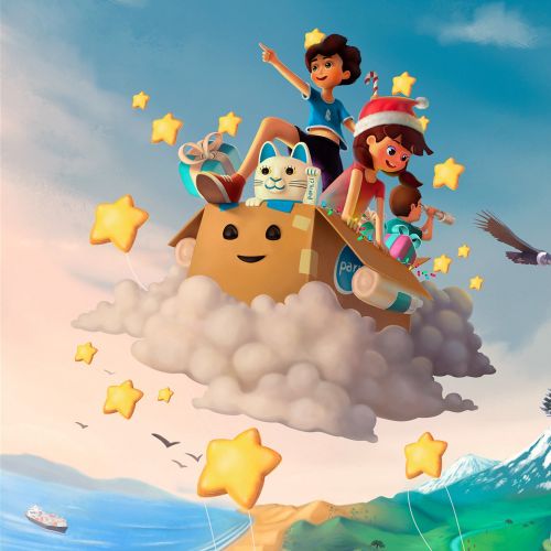 Kids riding a cloud with stars flying over green countryside.