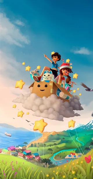 Kids riding a cloud with stars flying over green countryside.
