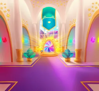 Fantasy palace hall with glowing crystals and colorful banners on walls