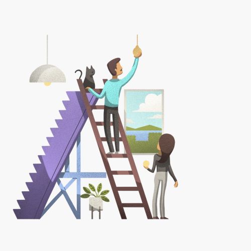 People constructing the word FAX using ladders and tools