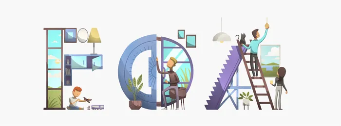 People constructing the word FAX using ladders and tools