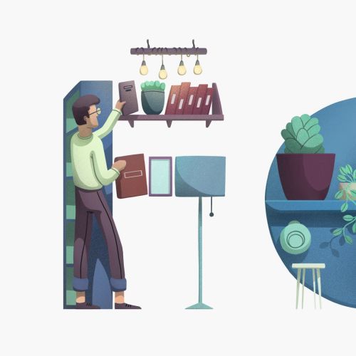 Illustration of people creating the word IDEA with tools and books