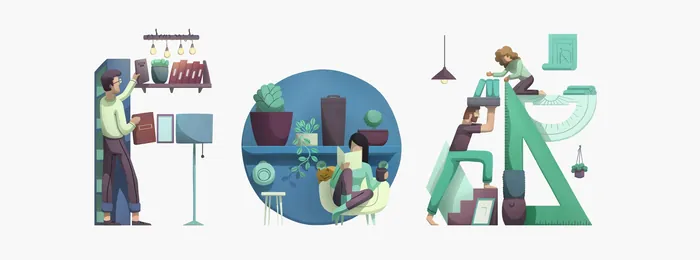 Illustration of people creating the word IDEA with tools and books