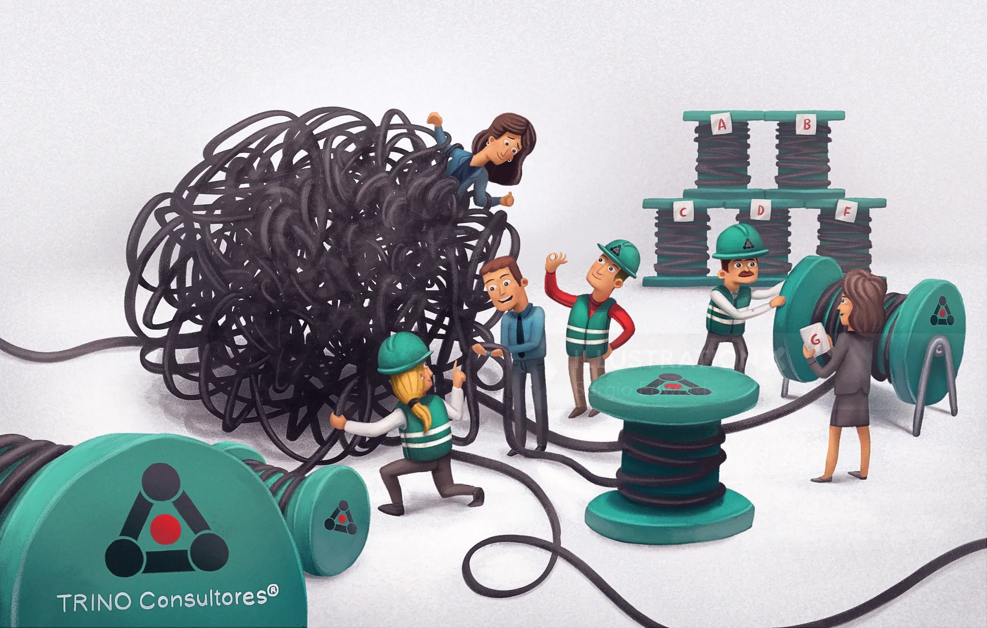 Tiny figures fixing and unwinding messy black cables from a machine
