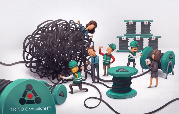 Tiny figures fixing and unwinding messy black cables from a machine