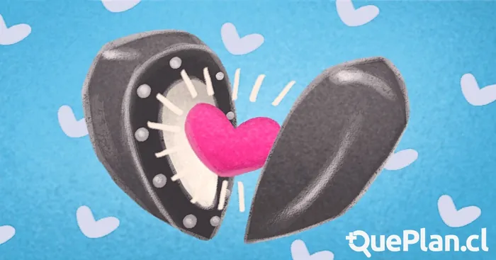 Black locket opening with a glowing pink heart inside on blue background