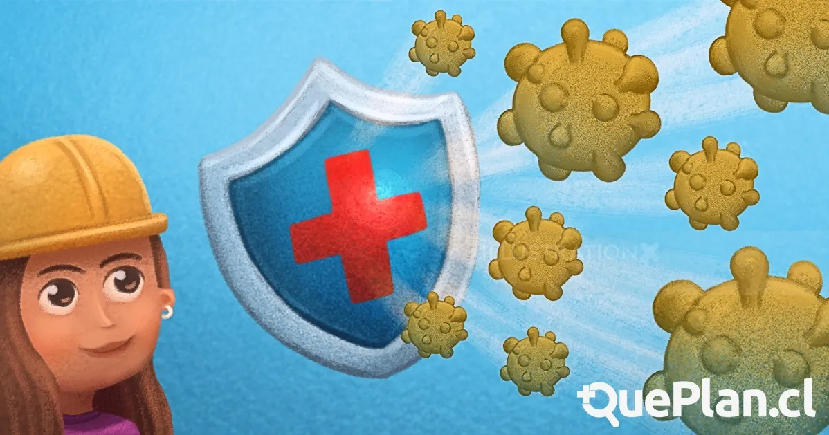 Construction worker protected by shield with red cross against viruses