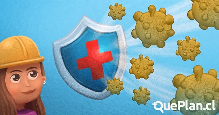 Construction worker protected by shield with red cross against viruses