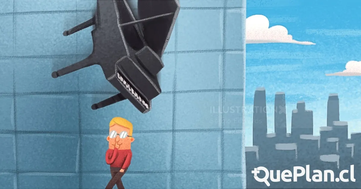 Person startled by a falling piano near cityscape buildings