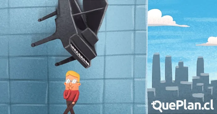 Person startled by a falling piano near cityscape buildings