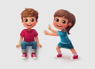 Cartoon boy sitting and girl standing with cheerful expressions