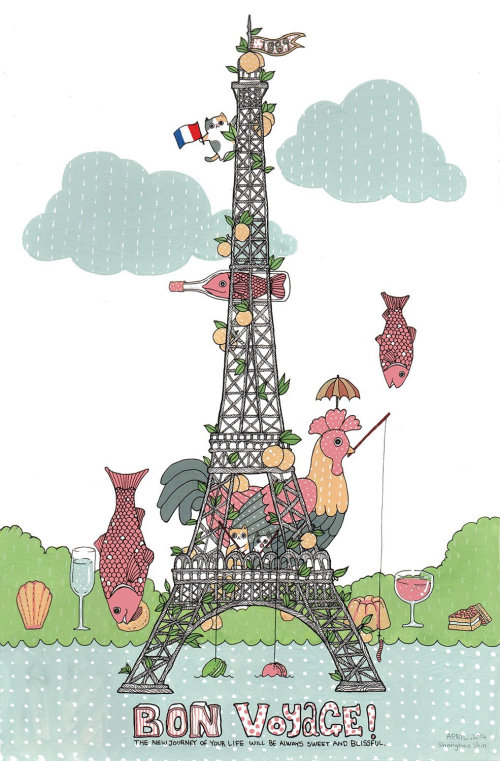 An illustration of pets on Eiffel tower