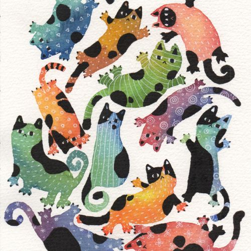 An illustration of colorful cats