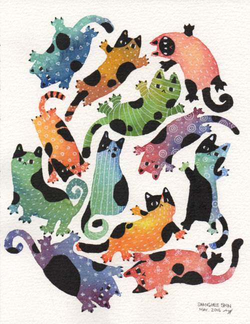 An illustration of colorful cats