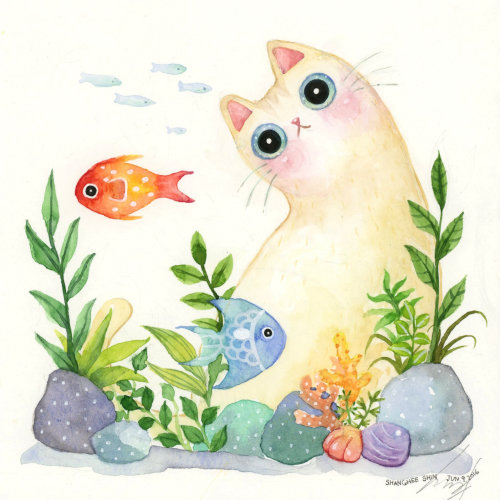 An illustration of fish and cat
