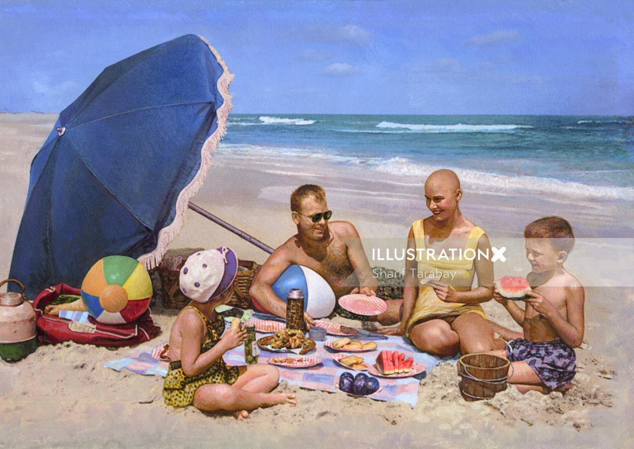Familia feliz comiendo en la playa