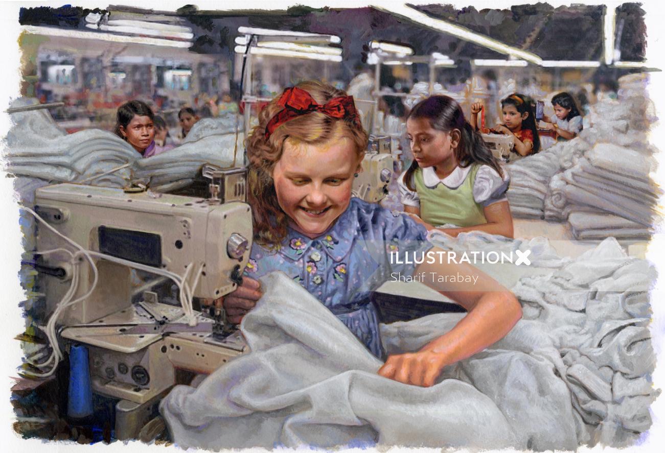 Retro art of stitching girls
