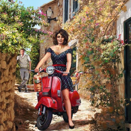 Retro woman sitting on scooter