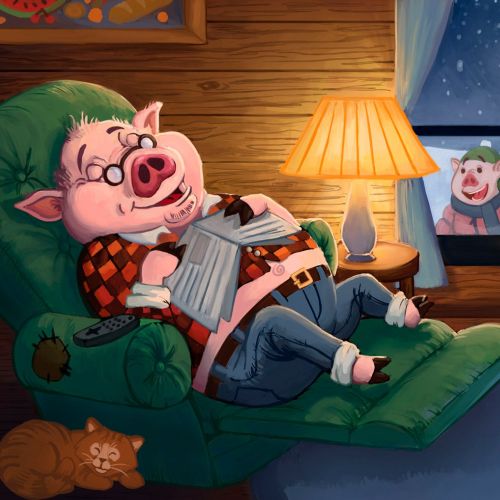 Line and Color illustration of a sleeping grandpa Pig