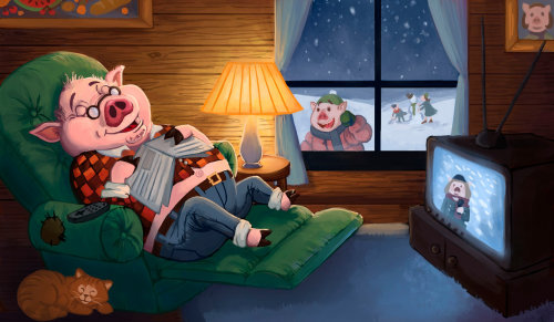 Ilustración de línea y color de un cerdo durmiendo abuelo