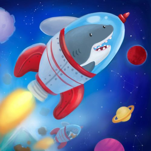 Cartoon character of Shark fish in the space rocket