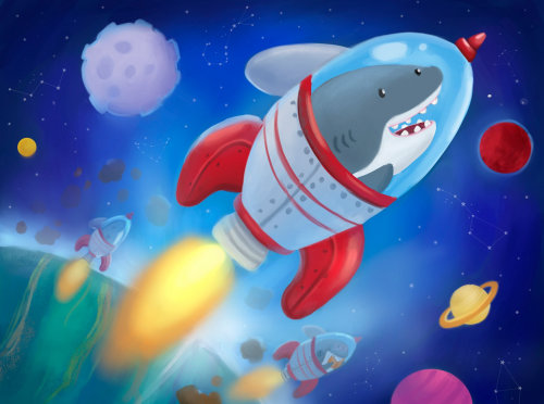 Personaje de dibujos animados de pez tiburón en el cohete espacial