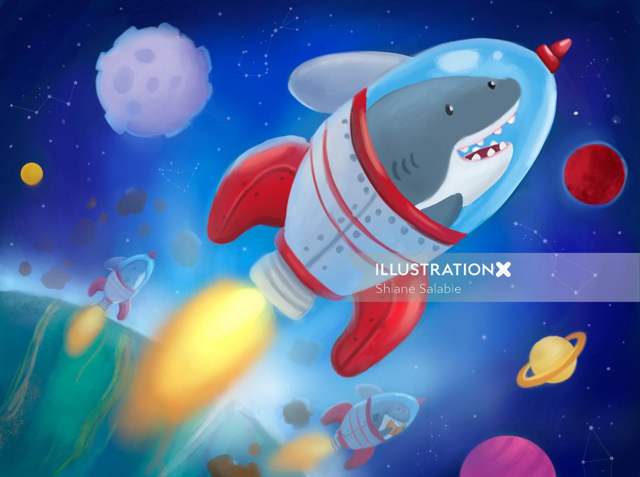 Personagem de desenho animado do peixe tubarão no foguete espacial